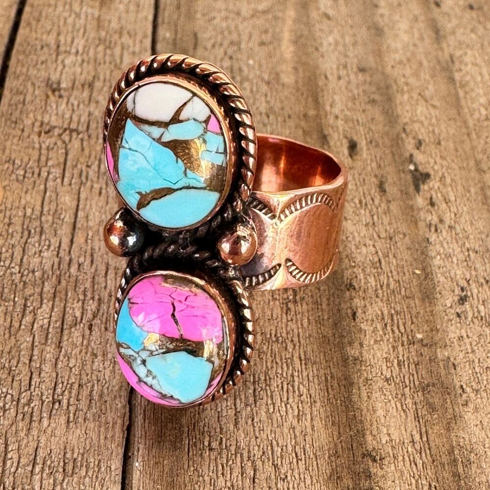 Cotton Candy Turquoise Copper Ring Adjustable Boho Western
